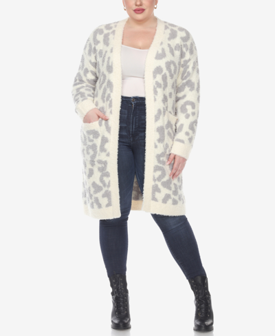 Shop White Mark Plus Size Leopard Print Open Front Sherpa Sweater In Beige