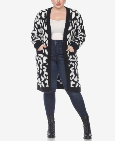 Shop White Mark Plus Size Leopard Print Open Front Sherpa Sweater In Black/white