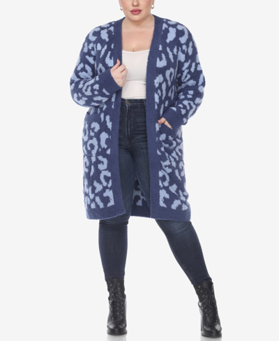 Shop White Mark Plus Size Leopard Print Open Front Sherpa Sweater In Navy/light Blue