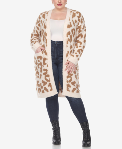 Shop White Mark Plus Size Leopard Print Open Front Sherpa Sweater In Tan Leopard