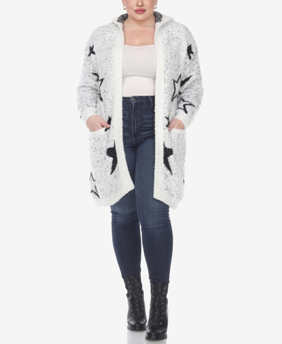 Shop White Mark Plus Size Hooded Open Front Sherpa Sweater In White/black Stars