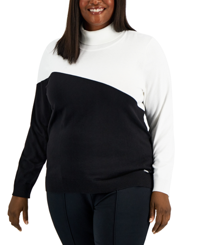 Shop Calvin Klein Plus Size Colorblocked Turtleneck Sweater In White Black Combo