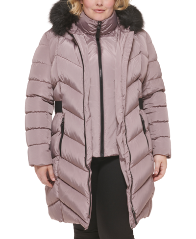 Shop Calvin Klein Women's Plus Size Faux-fur-trim Hooded Puffer Coat, Created For Macy's In Fig