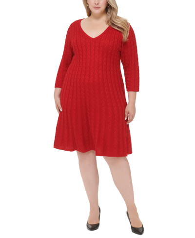 Shop Jessica Howard Plus Size V-neck Cable-knit Sweater Dress In Red