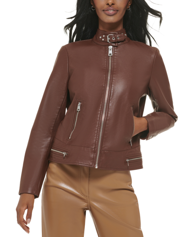 Shop Levi's Faux-leather Latch Collar Lined Moto Racer Jacket In Chocolate Brown