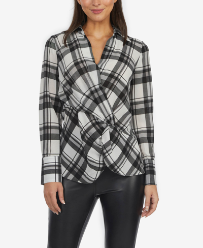 Shop Laundry By Shelli Segal Women's Front Knot Blouse In White/black Plaid