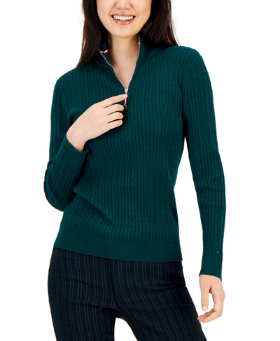 Tommy Hilfiger Women's Cotton Mock Turtleneck Cable-knit Sweater In Forest  | ModeSens