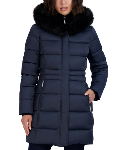 Shop Tahari Women's Faux-fur-trim Hooded Puffer Coat In Galaxy