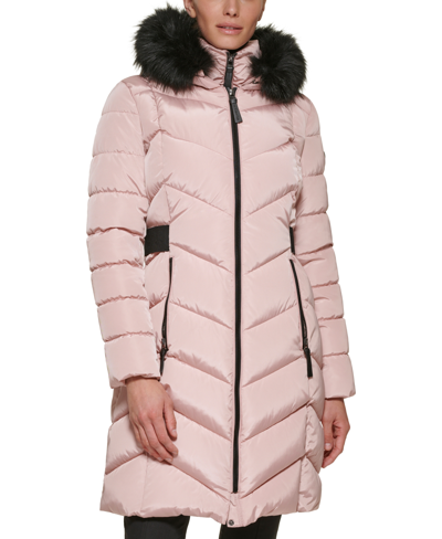 Shop Calvin Klein Women's Faux-fur-trim-hooded Puffer Coat, Created For Macy's In Dusk Rose