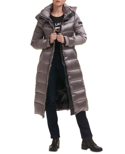 Shop Karl Lagerfeld Womens Shine Hooded Belted Puffer Coat In Gunmetal