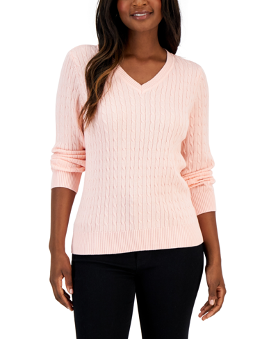 Karen Scott Women's Cable V-neck Long Sleeve Sweater, Created For Macy's In  Soft Pink | ModeSens