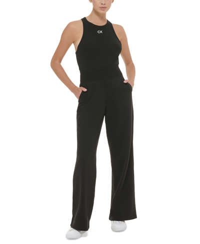 Shop Calvin Klein Performance Women's Wide Leg Fleece High Waist Pant In Black