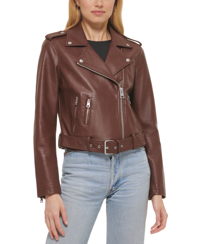 Shop Levi's Women's Faux-leather Belted Hem Moto Jacket In Chocolate Brown