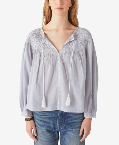 Shop Lucky Brand Women's Striped Smocked Cotton Peasant Blouse In Blue Stripe