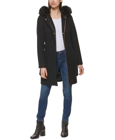 Shop Cole Haan Women's Belted Faux-fur-trim Hooded Coat In Black