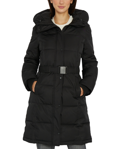 Shop Sam Edelman Women's Belted Hooded Puffer Coat In Black