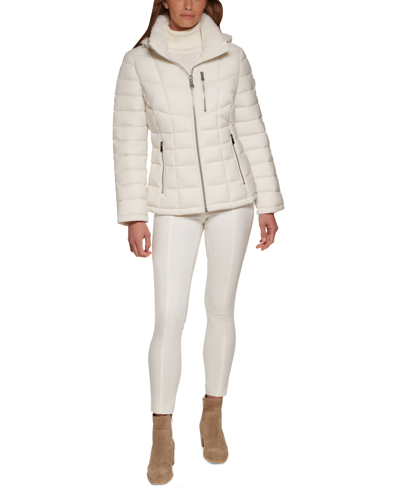 Shop Calvin Klein Women's Faux-fur-trim Hooded Puffer Coat, Created For Macy's In Eggshell