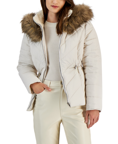 Maralyn & Me Juniors' Faux-fur-trim Hooded Puffer Coat In Ivory | ModeSens
