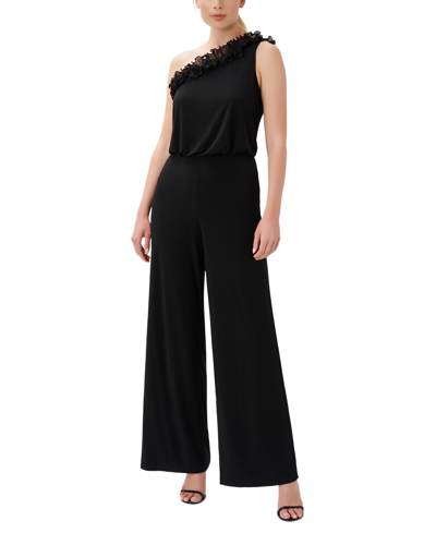 Shop Adrianna Papell Women's Ruffled One-shoulder Jumpsuit In Black