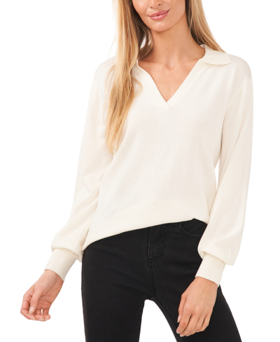 Shop Cece Women's Long Sleeve Collared Polo V-neck Sweater In Antique White