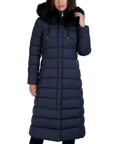 Shop Tahari Women's Faux-fur-trim Hooded Maxi Puffer Coat In Galaxy