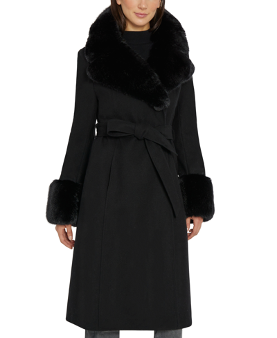 Shop Via Spiga Women's Faux-fur-trim Belted Wrap Coat In Black