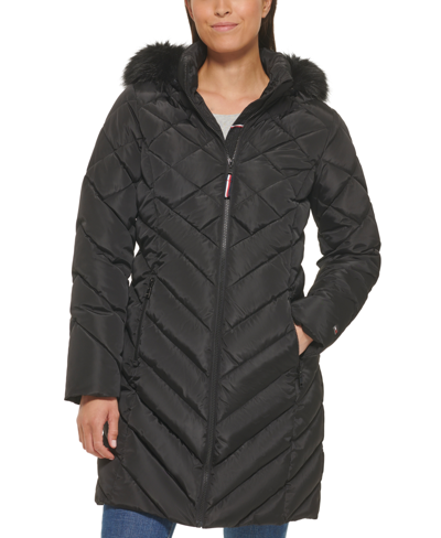 Shop Tommy Hilfiger Women's Faux-fur-trim Hooded Puffer Coat In Black