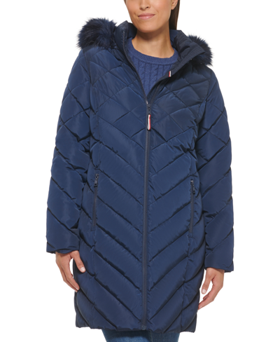 Shop Tommy Hilfiger Women's Faux-fur-trim Hooded Puffer Coat In Navy