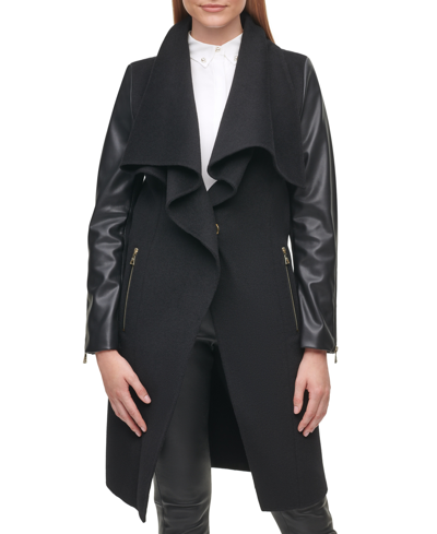 Shop Karl Lagerfeld Women's Draped Mixed-media Coat In Black