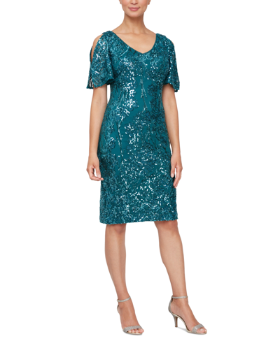 Shop Alex Evenings Sequined Split-sleeve Party Dress In Peacock