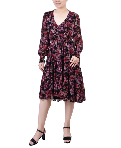 Ny Collection Women's Long Sleeve Clip Dot Chiffon Dress With Smocked Waist And Cuffs Dress In Jet Finefleur