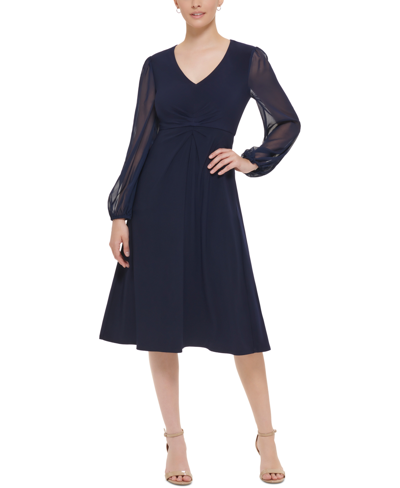 Shop Jessica Howard Women's Chiffon-sleeve Midi Dress In Navy