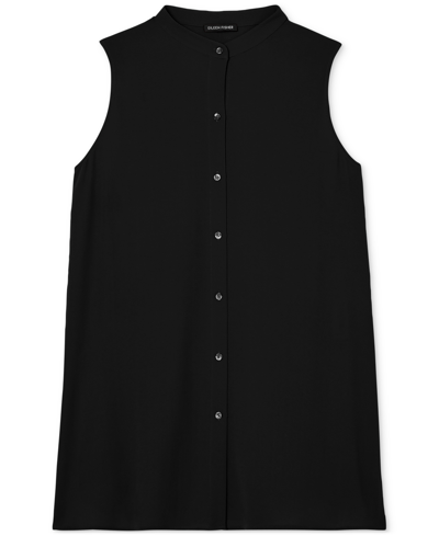 Shop Eileen Fisher Women's Silk Band-collar Sleeveless Shirt In Black