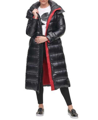 Shop Karl Lagerfeld Womens Shine Hooded Belted Puffer Coat In Black