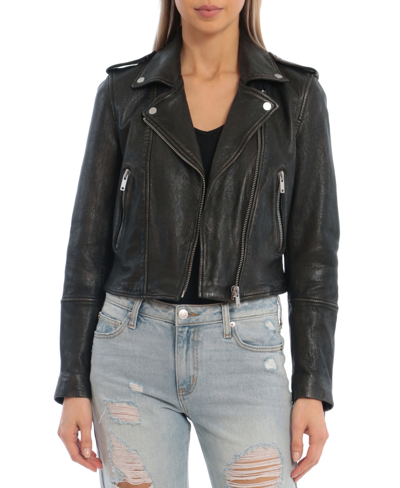 Shop Avec Les Filles Women's Leather Notched-collar Moto Jacket In Washed Black