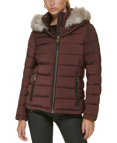 Shop Dkny Women's Faux-fur-trim Hooded Puffer Coat In Burgundy