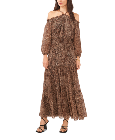 Shop 1.state Women's Smocked Waist Long Sleeve Halter Maxi Dress In Leopard Muses