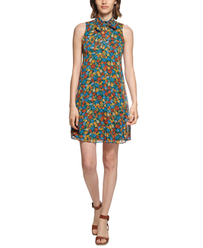 Shop Calvin Klein Floral-print Tie-neck Shift Dress In Malachite
