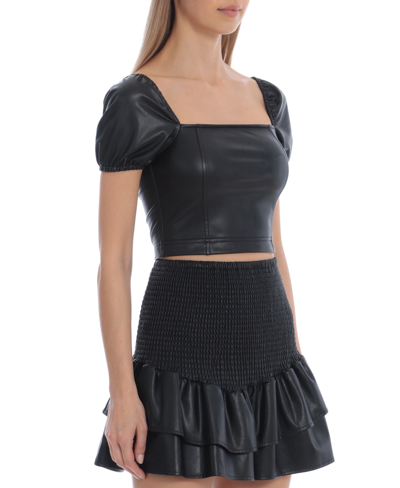 Shop Avec Les Filles Women's Puff Sleeve Faux-leather Cropped Top In Black