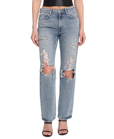 Shop Avec Les Filles Women's Cotton Ripped Straight-leg Jeans In Morning Wash