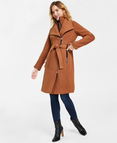 Shop Calvin Klein Women's Belted Wrap Coat, Created For Macy's In Dark Camel