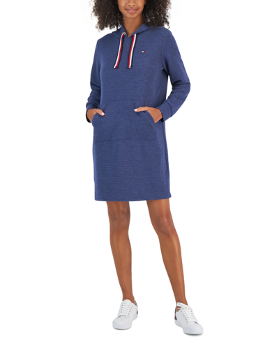 Shop Tommy Hilfiger Women's Long Sleeve Hooded Sweatshirt Dress In Denim Heather