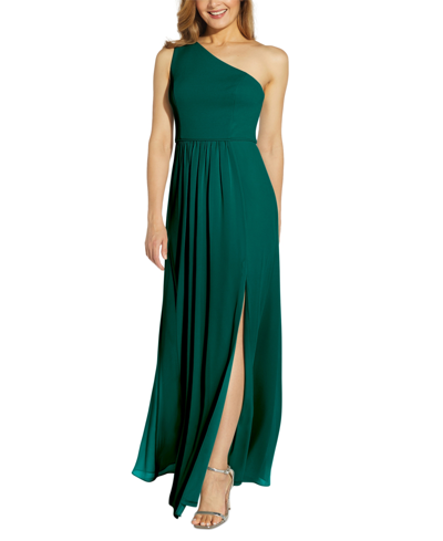 Shop Adrianna Papell One-shoulder Chiffon Gown In Hunter