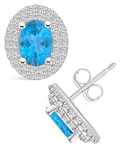 Macy's London Topaz (2-1/3 Ct. T.w.) And Diamond (1/2 Ct. T.w.) Halo Stud Earrings In 14k White Gold In Blue Topaz