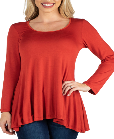 Shop 24seven Comfort Apparel Long Sleeve Solid Color Swing Style Flared Tunic Top In Rust