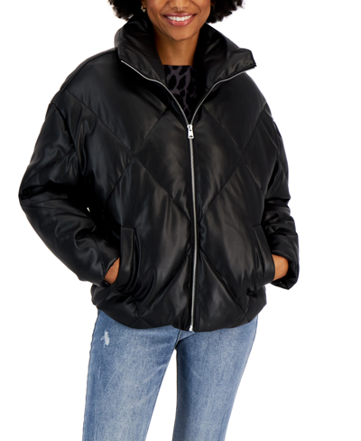 Coffeeshop Juniors' Quilted Faux-leather Puffer Coat In Black | ModeSens