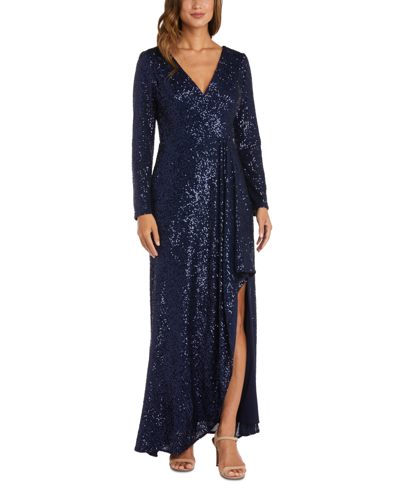 Shop Nightway Sequin Surplice Gown In Navy