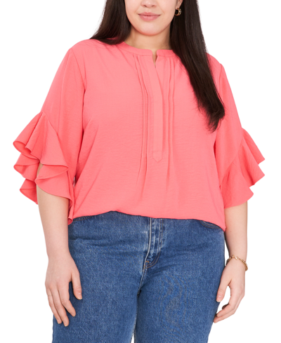 Shop Vince Camuto Plus Size Ruffle Sleeve Henley Blouse In Lush Coral