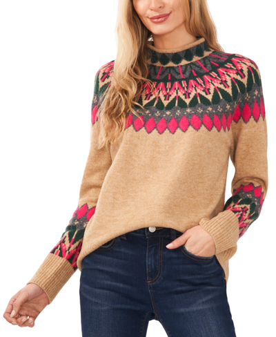 Shop Cece Women's Fair Isle Long Sleeve Mock Neck Sweater In Latte Heather