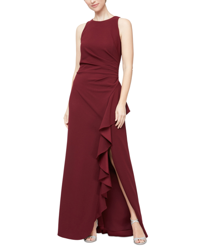 Shop Alex & Eve Ruffled Slit-front Gown In Wine